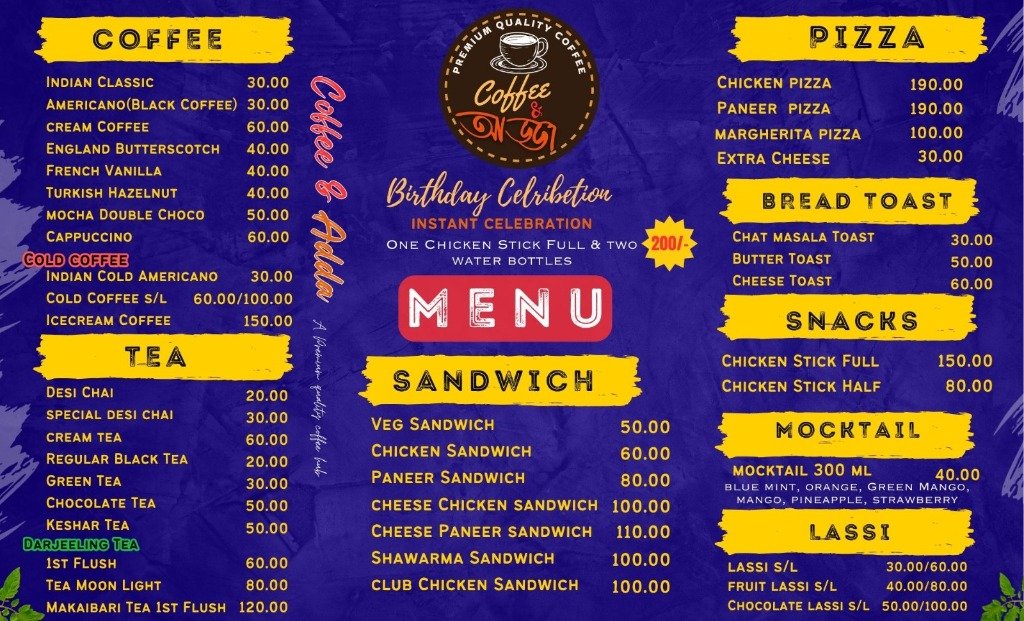 Coffee & Adda Menu Card